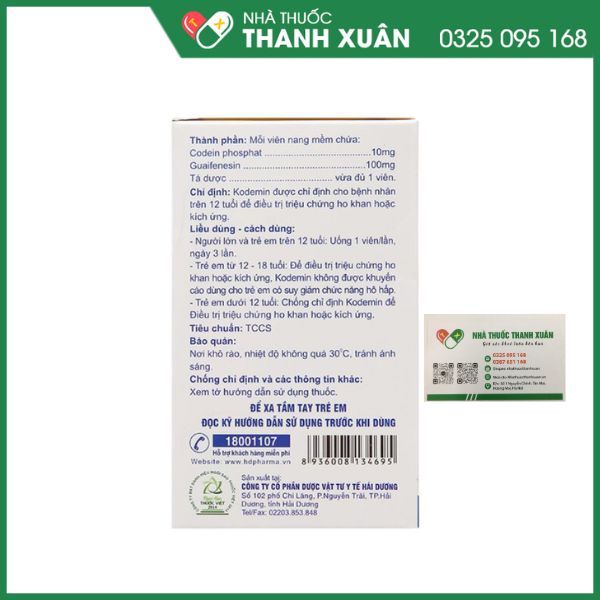 KODEMIN - Thuốc trị ho khan, ho do kích ứng (10 vỉ x 10 viên)